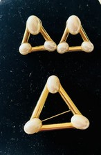 Vintage Gold and Pearl rectangle Brooch and Earrings set antique rare