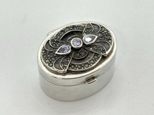 Solid Sterling Silver Oval Pill Box / pot with purple stone & marcasite detail