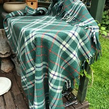  Vintage fringed check wool mix blanket rug picnic festival greens 76" x 62"