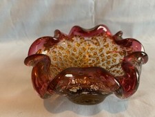Vintage Murano Mid Century Barovier & Toso Red, Gold & Silver Leaf Ruffled Bowl
