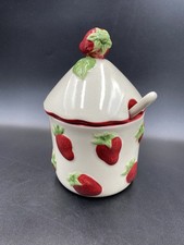Strawberry Jam Pot With The Lid And Spoon Vintage