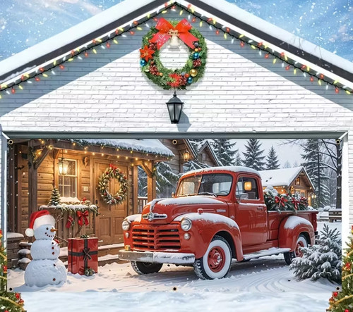 Christmas red truck log cabin - red,