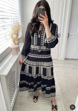 ZARA Black White Linen Embroidered Boho Midi Maxi Modest Kaftan Dress M 12 40