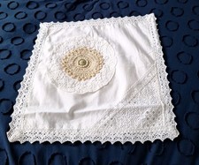 White Linen, Cotton & Lace Vintage Effect Cushion Cover. Doily & Bead Detail