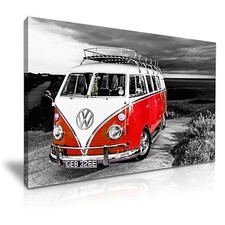Red VW Camper Van Vintage Campervan Canvas Wall Art Picture Print 76x50cm