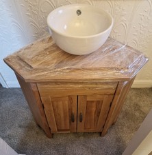 Solid Oak Bathroom Corner Vanity Unit + Ceramic Sink Basin Cabinet double doors