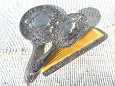 DRESSING TABLE SILVER TONE METAL VICTORIAN STYLE 3 SET - MIRROR & BRUSH & COMB