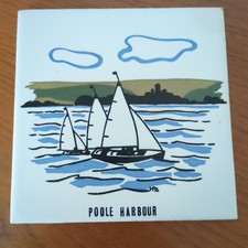 Vintage Hand Painted Ceramic Tile Trivet Square Poole Harbour Boats 60s 70s