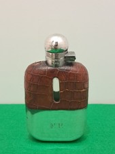 James Dixon Hip Flask Antique Crocodile Skin Bound Glass Silver Plated Cup Lid