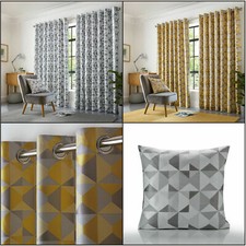 SKANDI Geometric Curtains Jacquard Weave Lined Eyelet, 3 Cols, Cushions also