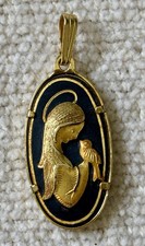 Vintage Damascene Madonna Virgin Mary Necklace Pendant Black & Gold Tone