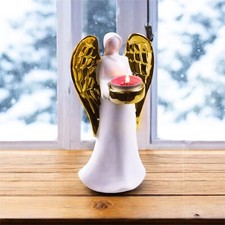 Ceramic Angel Tealight Holder Winged Christmas Decoration Ornament Gold Tall
