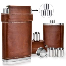 Amazing 8oz Hip Flask Set Brown Leather Effect Quality Stainless Steel 3 Cups