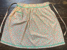 vtg 50s green brown leaf flower pocket cotton short wrap apron HANDMADE Small