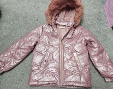 Lipsy Pink Shiny Puffer Coat Waterpoof with detachable fur trim hood Age 9