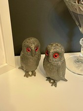 Pair Antique Pewter Owl Shaped Salt & Pepper Pots Condiments Pepperette