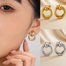 Surgical Steel Shiny Double Hoop Huggie Sleeper Stud Earrings Gift Jewellery UK