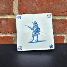Antique 17th century Dutch Delft Tin Glazed Tile Helmeted Soldier with Pike