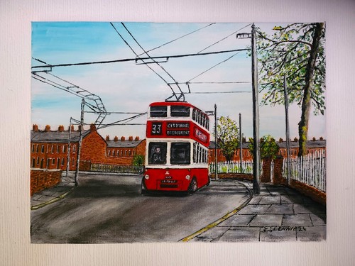 Oil painting trolley bus 1960s - bus,