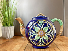 MAJOLICA COBALT BLUE FLAT TEAPOT IN THE STYLE OF THOMAS FORESTER ANTIQUE VINTAGE