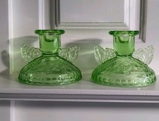 Vintage Antique Pressed Glass Depression Glass Candleholders, Green Sowerby 2552
