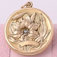 Antique Victorian Lily Flower Gold Filled Paste Repousse Pendant Locket