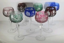Set of 8 Bohemian Czech Cut to Clear Harlequin Multi-Coloured Hock Wine Glasses