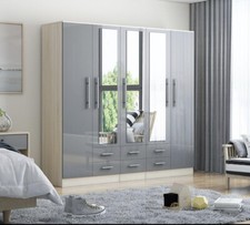 Modern 5 Door Mirrored Wardrobe, High Gloss Light Grey, 6 Drawer Storage