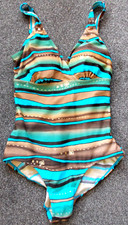Matalan, Ladies Turquoise/brown/gold striped Swimsuit, wide straps, Size 14, New
