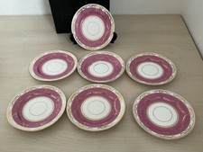 7 vintage Grosvenor China 18cm pink & gold gilt plates 