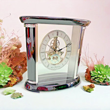 Mantel Clock Wooden Piano Finish Skeleton Movement Quartz William Widdop W2658