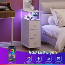 Narrow Side End Table Bedside Table Charging Station LED Light 3 Drawers White