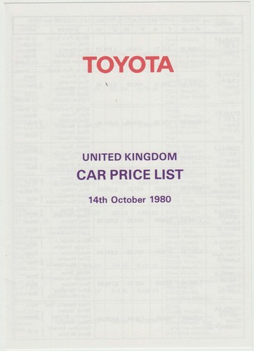 Toyota price list - toyota, 1980