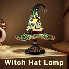 Stained Glass Witch Hat Lamp LED Resin Witch Hat Light Ornament USB Powered Beds