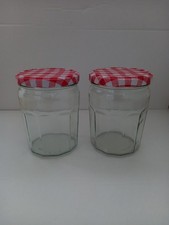 2 Jam Jars Extra Large Bonne Maman Red Checked Lids, glass 12.5cm tall 5" Empty