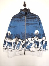 Y2K Wolf Print Fleece Jacket Size XL Unisex Blue Full Zip Winter Jacket