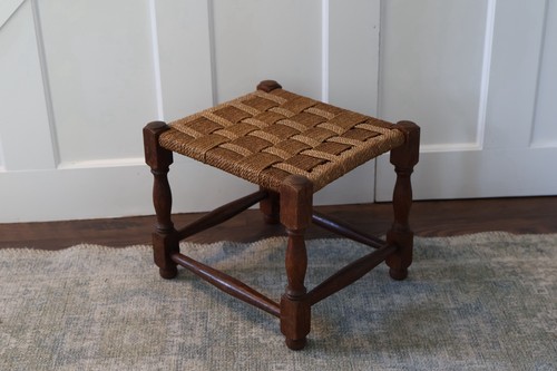 Vintage oak rush seat stool - rush,