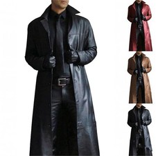 Mens Retro Jacket Tops Faux Leather Full Length Trench Coat Winter Long Overcoat
