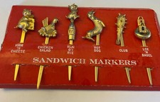 SIX UNIQUE VINTAGE METAL ART GOLD-TONE METAL SANDWICH MARKERS