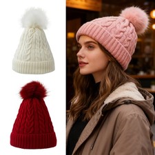 Ladies Womens Winter Warm Knitted Beanie Ski Hat Cap Faux Fur Bobble Pom Pom Hat