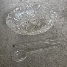 Vintage Glass Salad Serving Bowl with glass serving spoon and fork