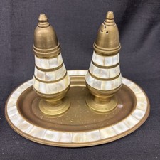 Vintage Old Antique Brass decorative salt pepper pots pair mother of Pearl tray
