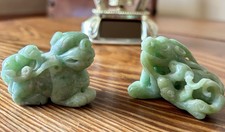 Two guardian Lion Dog Figurines In natural Burmese Green Jadeite