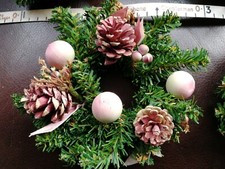 Small Artificial Christmas Wreath With Pink Blush Pine Cones Baubles Ribbon