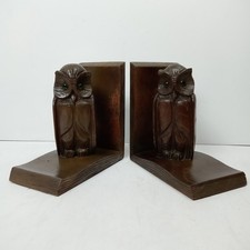 Pair Vintage Carved Wood Owl Bookends Dark Brown Green Glass Eyes 6.1" Tall