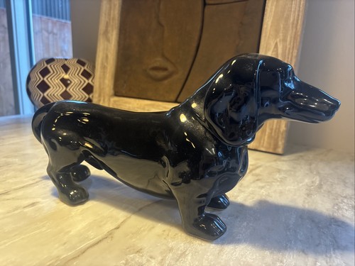 Glossy black ceramic dachshund - black,