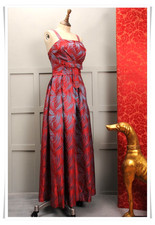 Stunning Vintage 1940's 1950's Satin Brocade Evening Dress Red & Kingfisher Blue