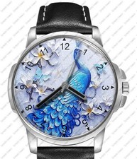 Peacock Bird Black Leather Strap Watch
