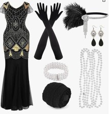 PLULON 1920s Sequin Beaded Fringed Dress with Roaring 20s Accessories Sz Small