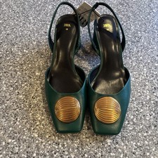 Zara Green Slingback Shoes +  Gold Type Adornment - NWT - UK 5 EUR 38 RRP £69.99